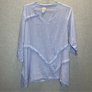Match Point USA Linen Oversized Lagenlook V Neck Raw Seam Detail Blue Tunic Top